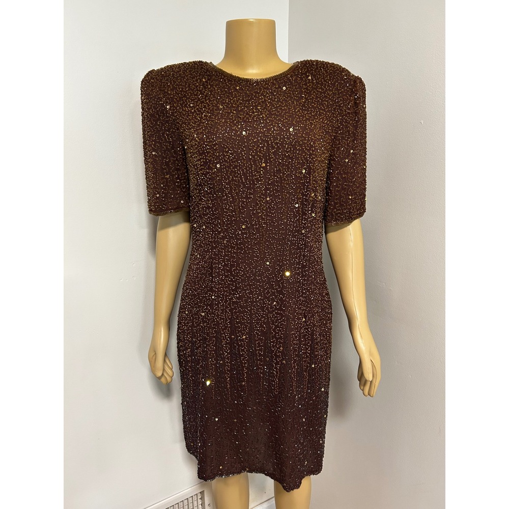 Stenay Vintage Brown Silk Beaded Sequin Sheath Cocktail Dress XL Shoulder Pads
